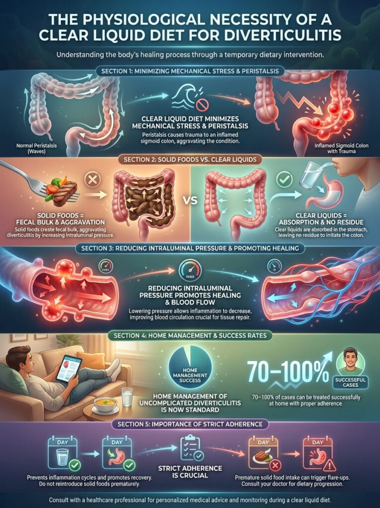 Infographic explaining clear liquid diet benefits for diverticulitis, featuring diagrams and key statistics on healing.