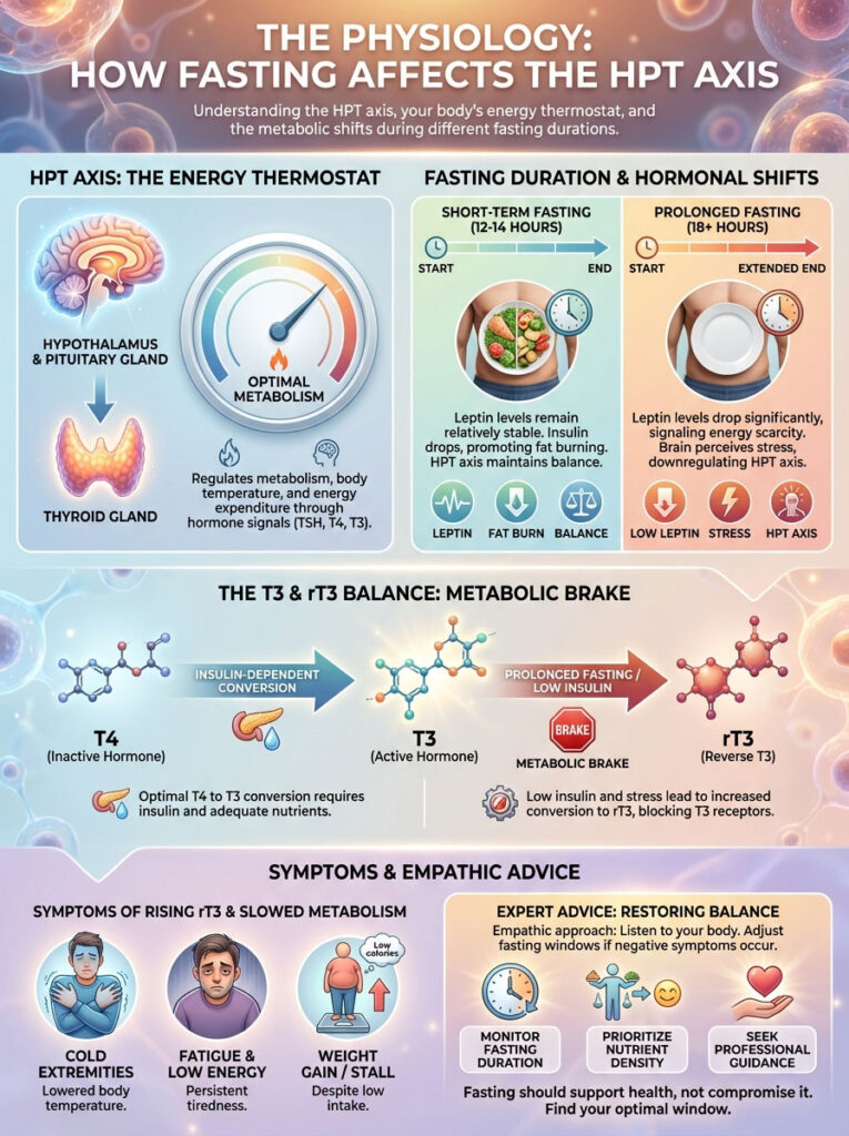 Infographic illustrating the HPT axis, fasting effects, hormone balance, and symptoms with icons and charts.