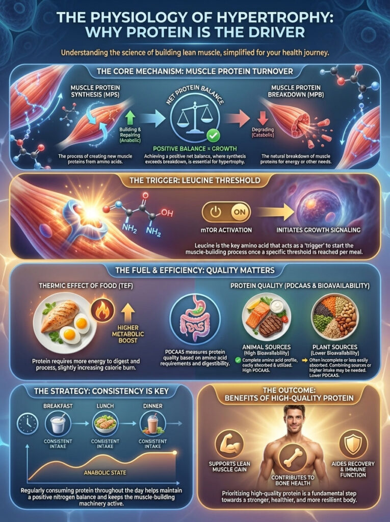 Infographic explaining muscle hypertrophy, protein synthesis, leucine threshold, and protein quality benefits.