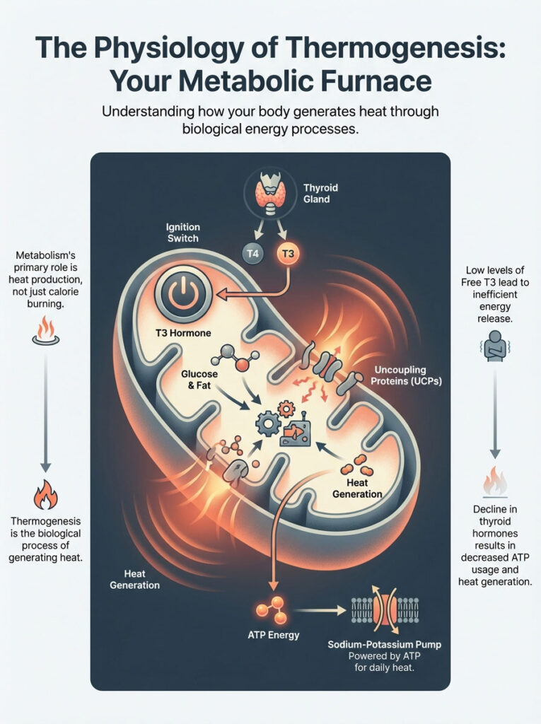 Infographic explaining thermogenesis, showing thyroid gland, T3 hormone, glucose, fat, and ATP energy processes.