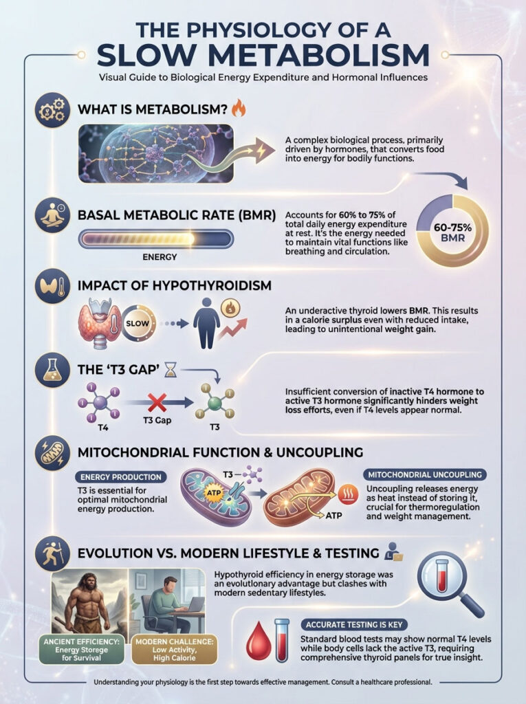 Infographic explaining slow metabolism, covering metabolism, BMR, hypothyroidism, and mitochondrial function.