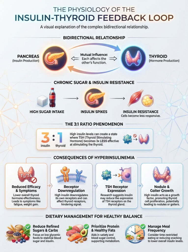 Infographic illustrating the insulin-thyroid feedback loop with charts on insulin resistance and dietary management tips.