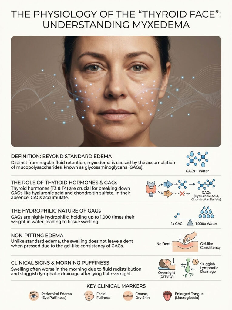 Infographic explaining myxedema with a woman's face, charts, and text on thyroid hormones and edema.
