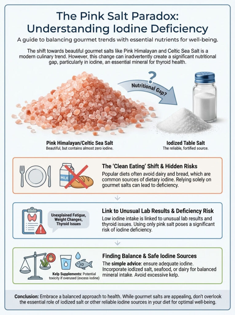 Infographic explaining iodine deficiency and dietary sources, featuring pink salt and iodized salt comparisons.