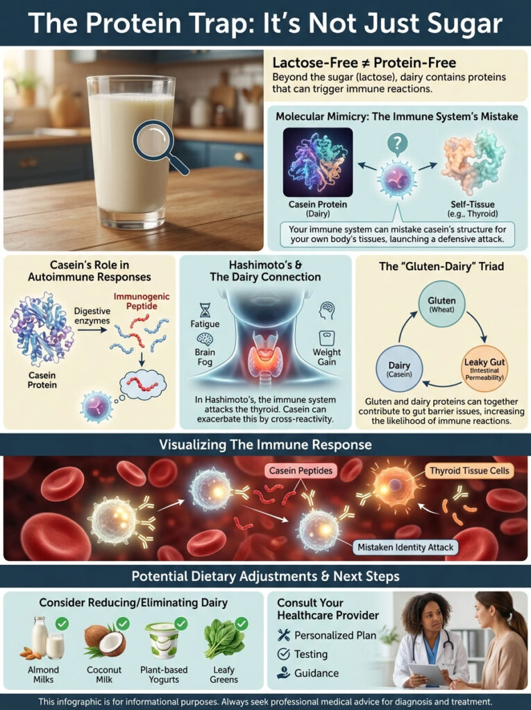 Infographic showing the connection between dairy proteins and autoimmune responses, including charts and illustrations.