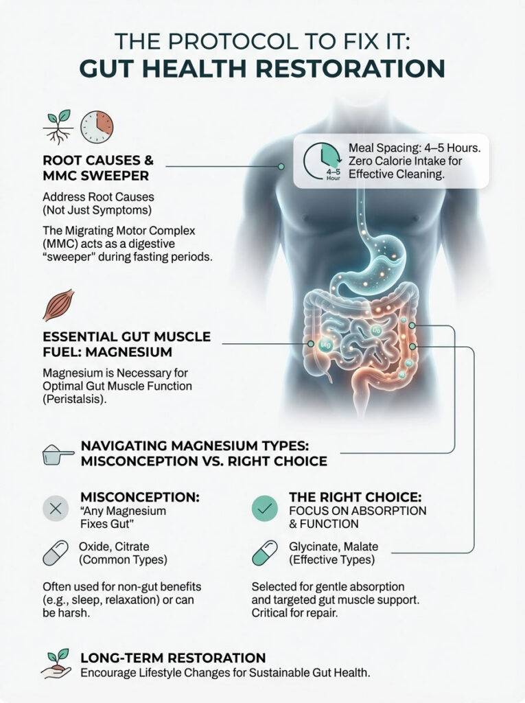 Infographic detailing gut health restoration, including magnesium types, root causes, and meal spacing guidelines.