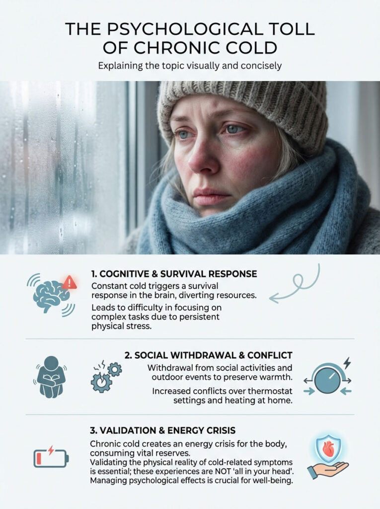 Infographic explaining the psychological toll of chronic cold with three key points and illustrations.