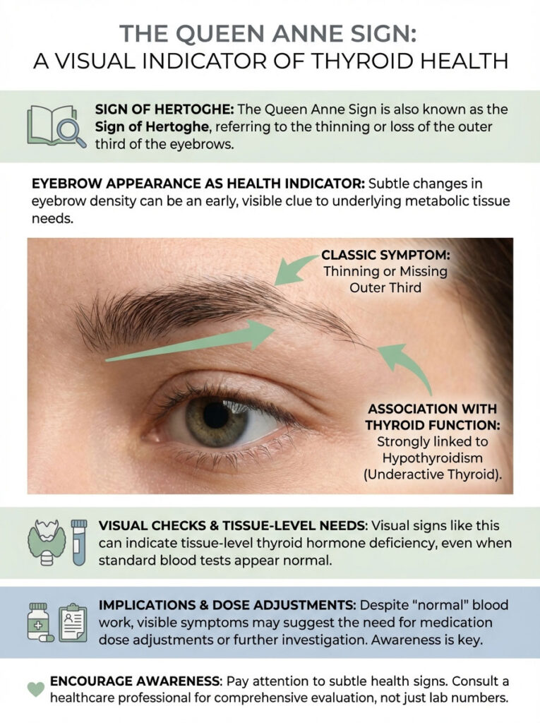 Infographic showing the Queen Anne Sign, eyebrow health indicators, and thyroid function associations.