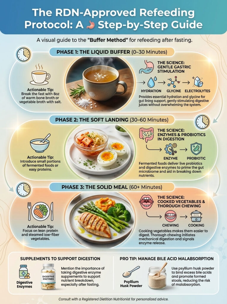 Infographic detailing the RDN-approved refeeding protocol with phases, tips, and science behind digestion methods.