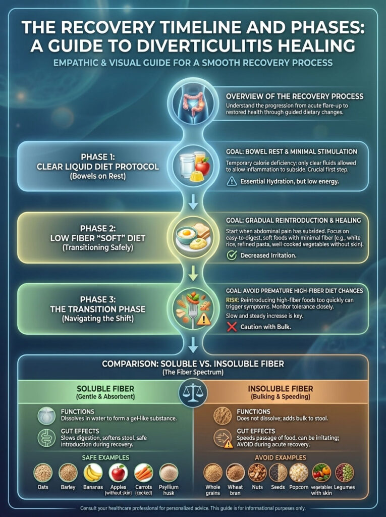 Infographic detailing the recovery phases for diverticulitis healing, including diet protocols and fiber comparisons.