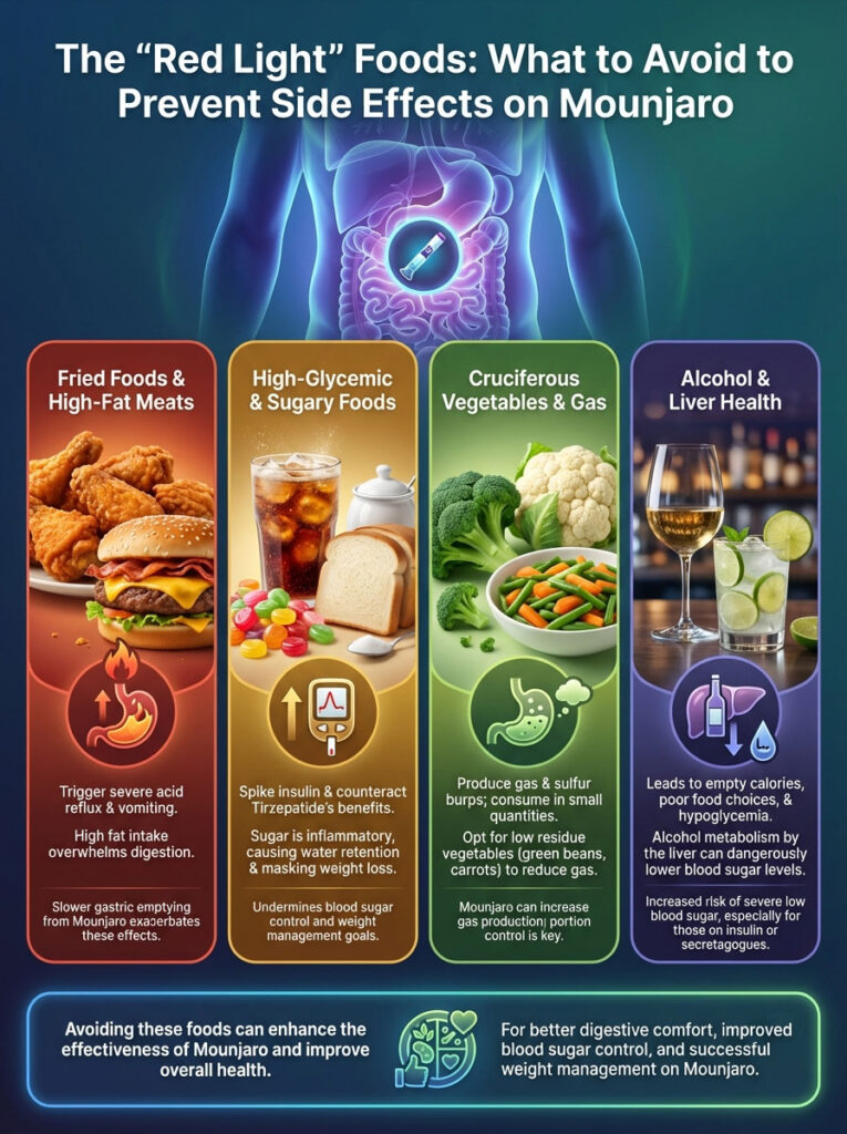 Infographic detailing "Red Light" foods to avoid on Mounjaro, including fried foods, sugary foods, cruciferous vegetables, and alcohol.