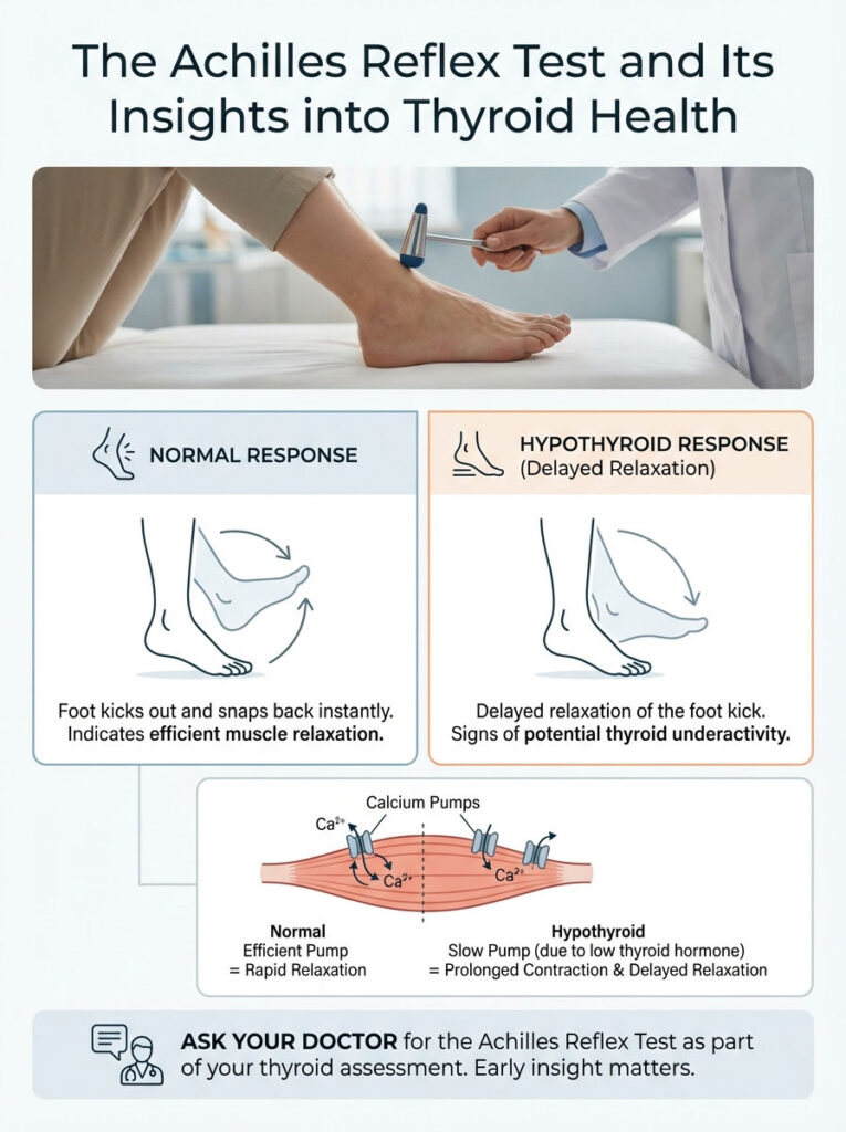 Infographic showing Achilles reflex test responses, normal and hypothyroid, with illustrations and calcium pump details.
