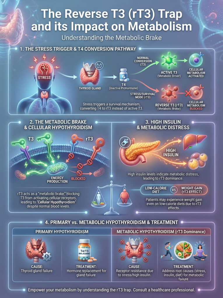 Infographic explaining the reverse T3 trap, featuring pathways, charts, and treatment comparisons for hypothyroidism.