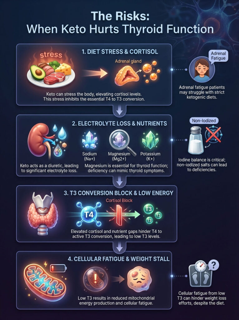 Infographic showing risks of keto diet on thyroid function, highlighting stress, electrolytes, T3 conversion, and cellular fatigue.