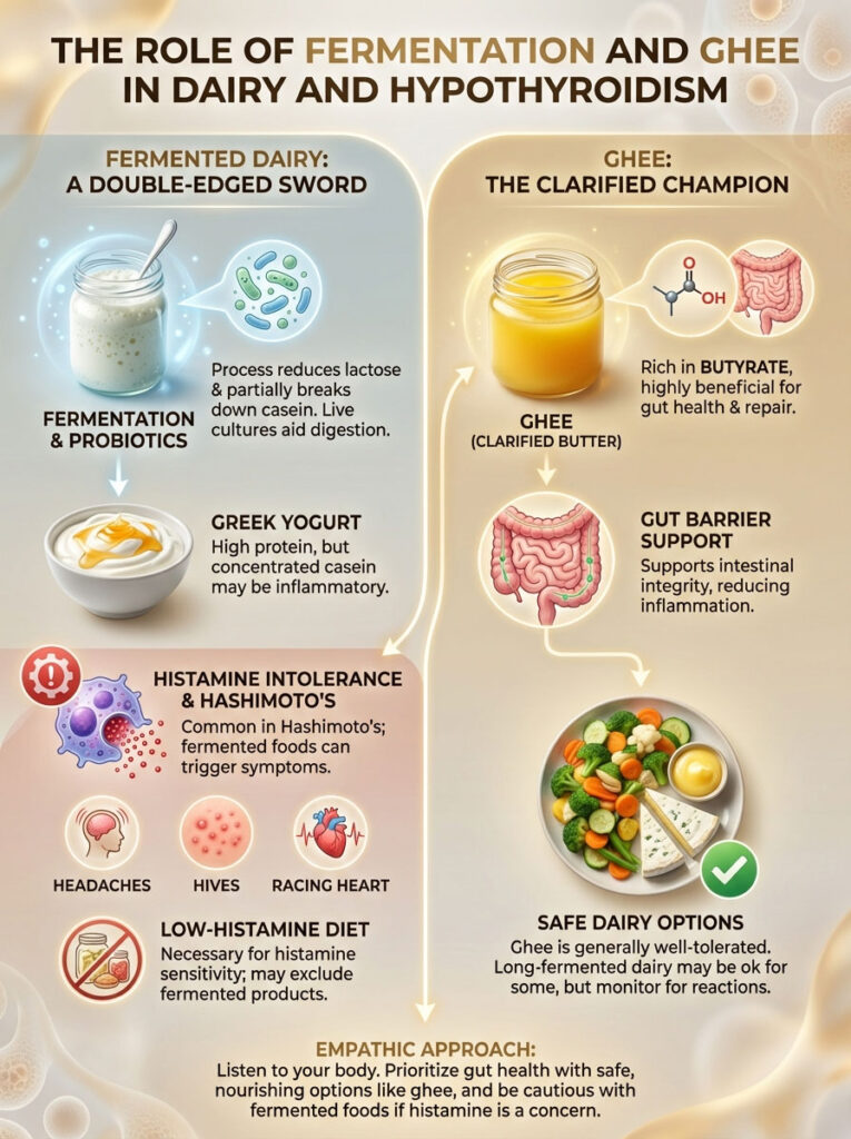 Infographic illustrating the role of fermentation and ghee in dairy and hypothyroidism with charts and icons.