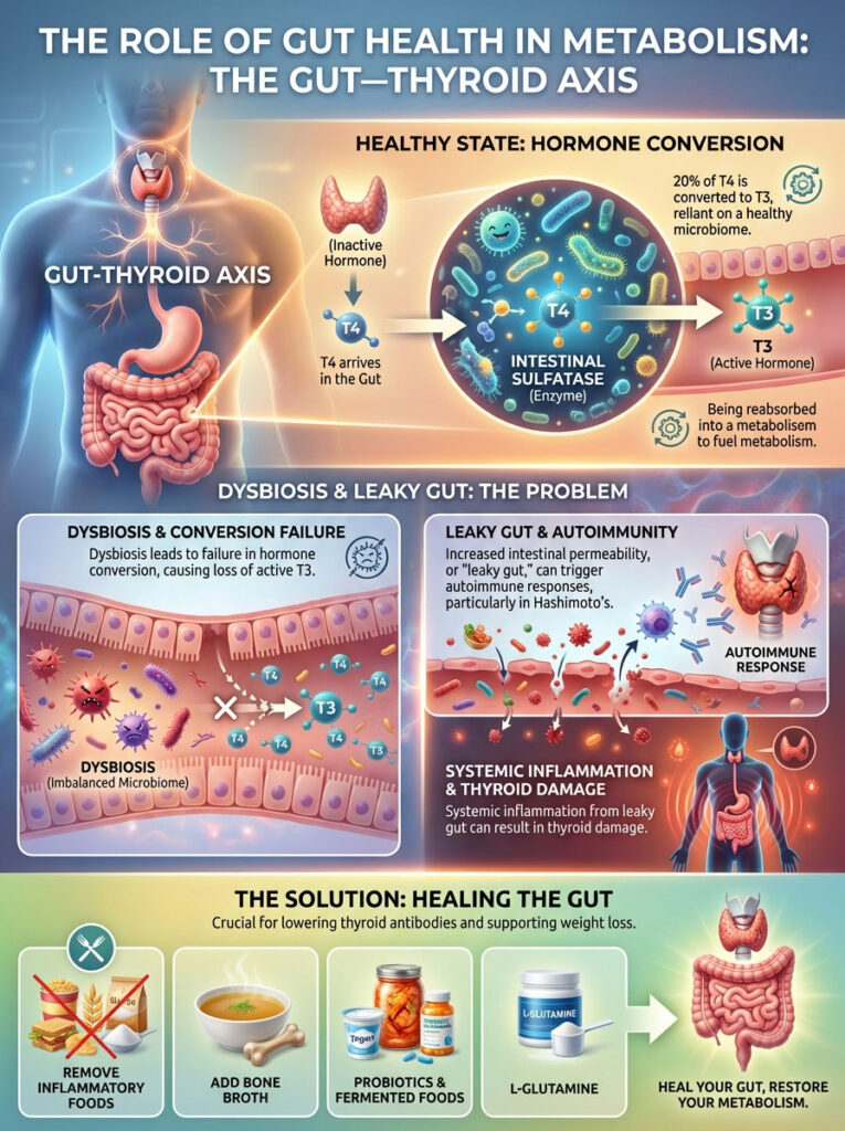Infographic illustrating the gut-thyroid axis, hormone conversion, and solutions for gut health improvement.