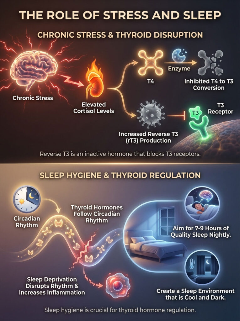 Infographic showing the relationship between chronic stress, thyroid disruption, and sleep hygiene with illustrations and text.