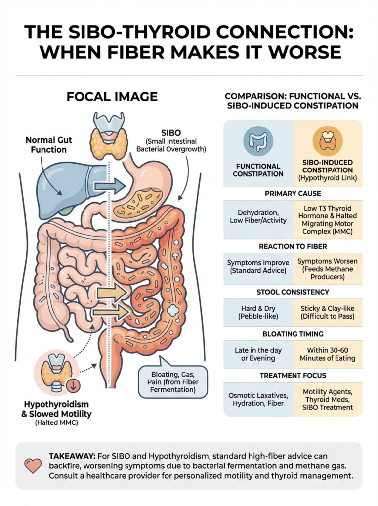 Infographic comparing SIBO and functional constipation, detailing causes, reactions to fiber, and treatment focus.