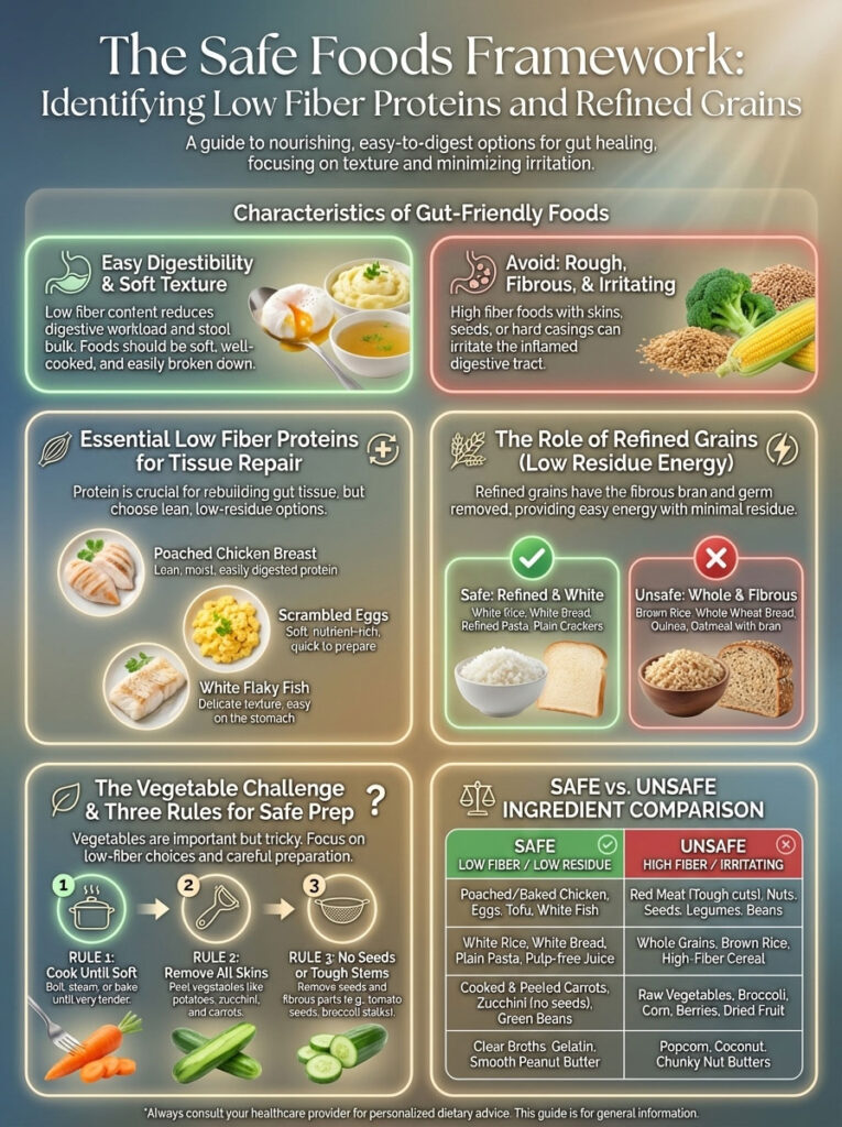 Infographic detailing safe foods for gut health, including low fiber proteins and refined grains, with visual guidelines.