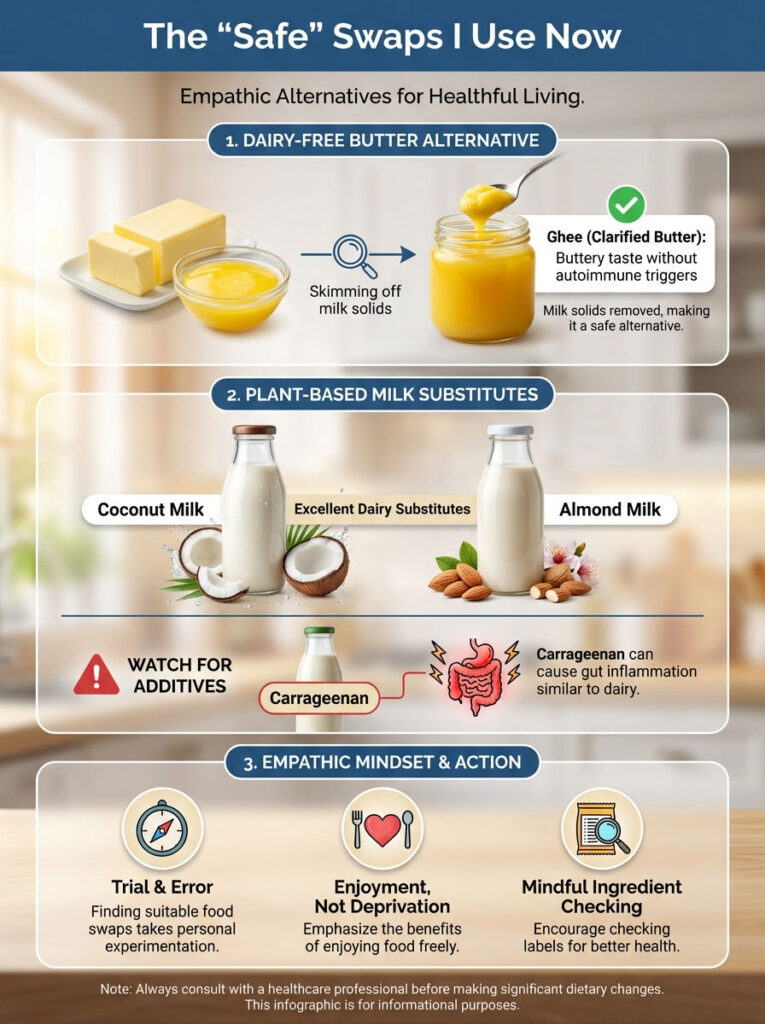 Infographic showing safe food swaps including ghee, coconut milk, almond milk, and mindful eating tips.