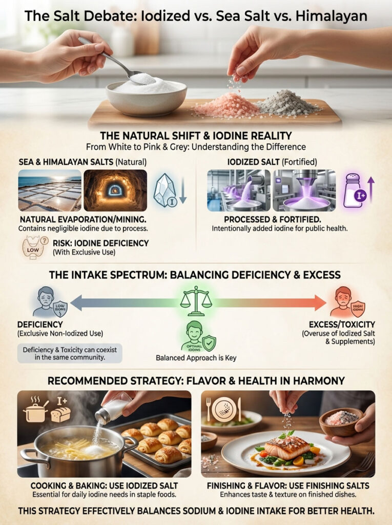 Infographic comparing iodized, sea, and Himalayan salts with visuals of salt types, cooking, and health impacts.