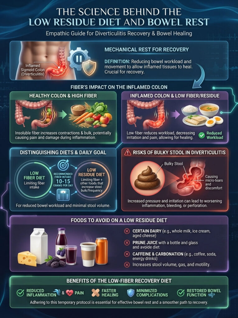 Infographic explaining low residue diet for diverticulitis recovery, featuring charts, icons, and dietary guidelines.