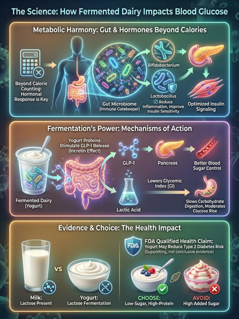 Infographic showing how fermented dairy impacts blood glucose with charts, icons, and health claims about yogurt and milk.