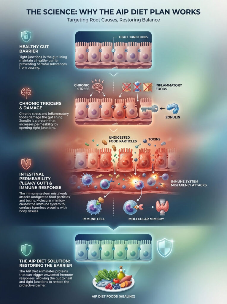 Infographic explaining the AIP diet, featuring gut health, chronic stress, and immune response visuals.