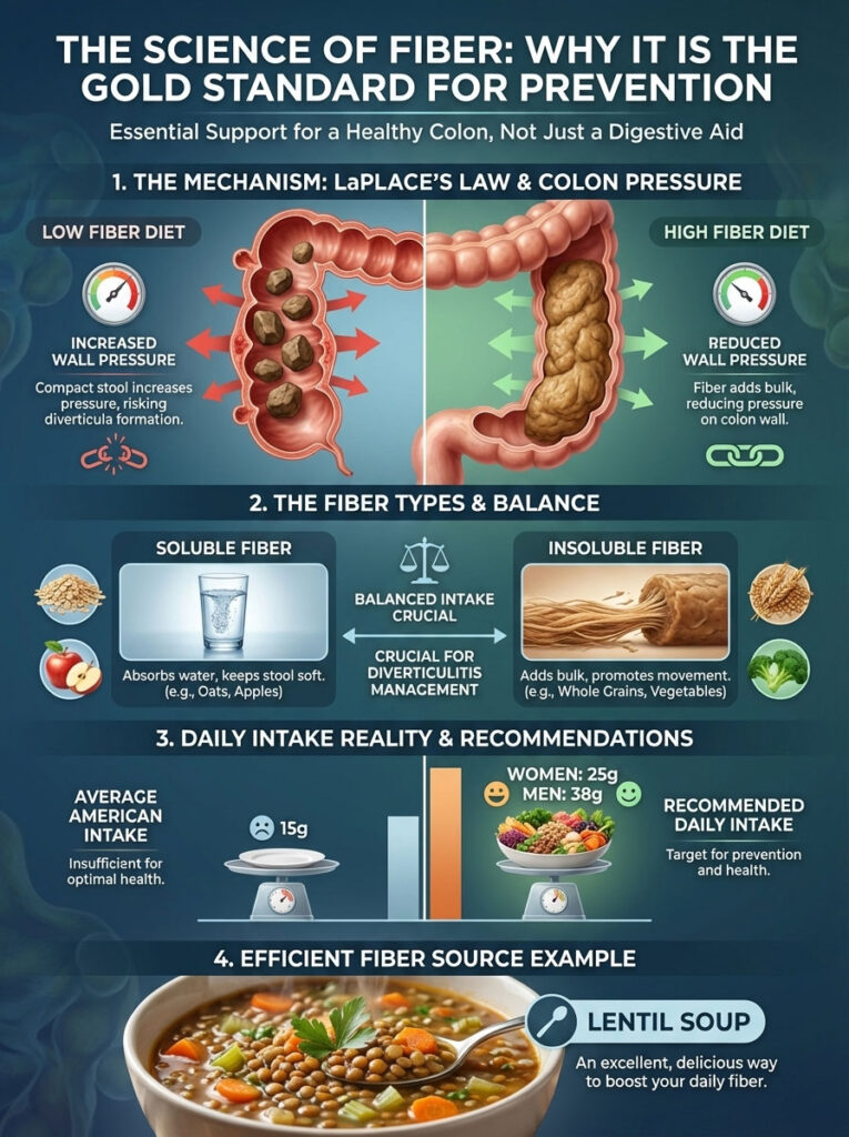 Infographic explaining fiber's benefits, showing low vs. high fiber diets, fiber types, intake recommendations, and lentil soup.