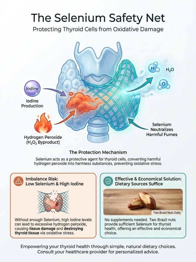 Infographic illustrating selenium's role in protecting thyroid cells from oxidative damage, featuring iodine and hydrogen peroxide.
