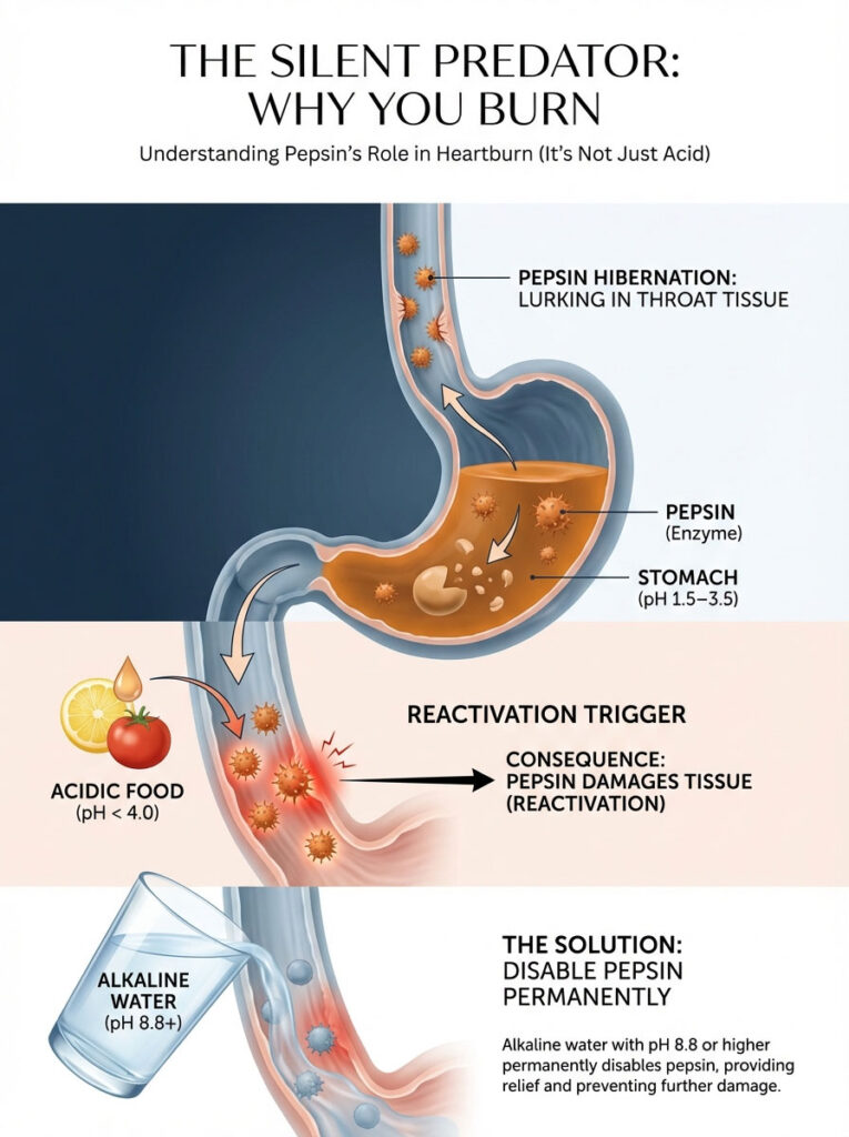 Infographic explaining pepsin's role in heartburn, showing stomach, acidic food, and alkaline water solutions.