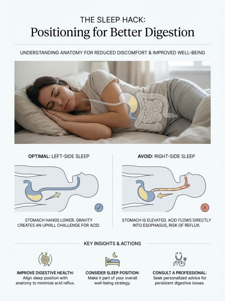 Woman sleeping on her side with illustrations showing optimal and avoid sleep positions for digestion. Infographic.