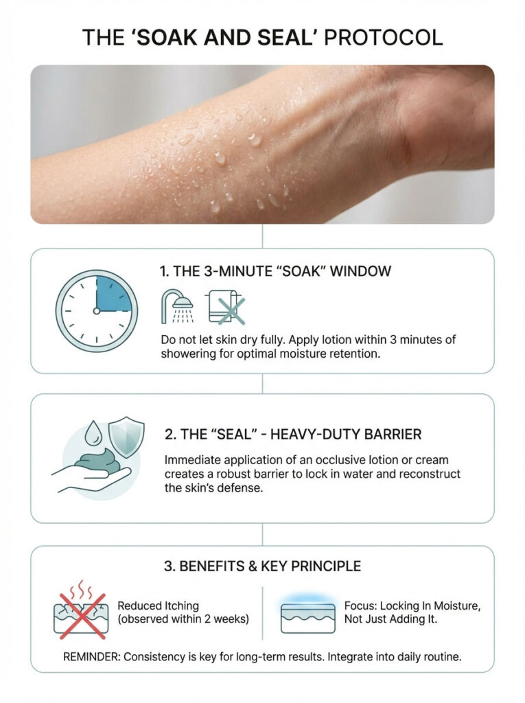 Infographic illustrating the 'Soak and Seal' protocol for skin hydration with steps and benefits outlined.