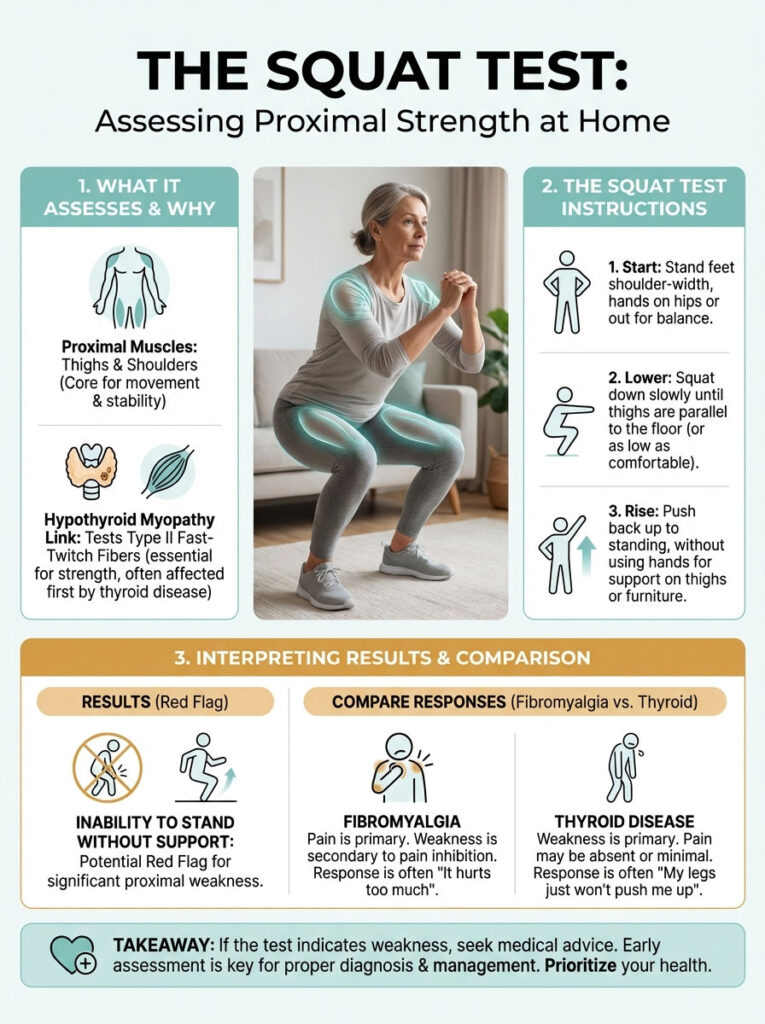 Infographic detailing the Squat Test for assessing proximal strength, with instructions and comparison of results.