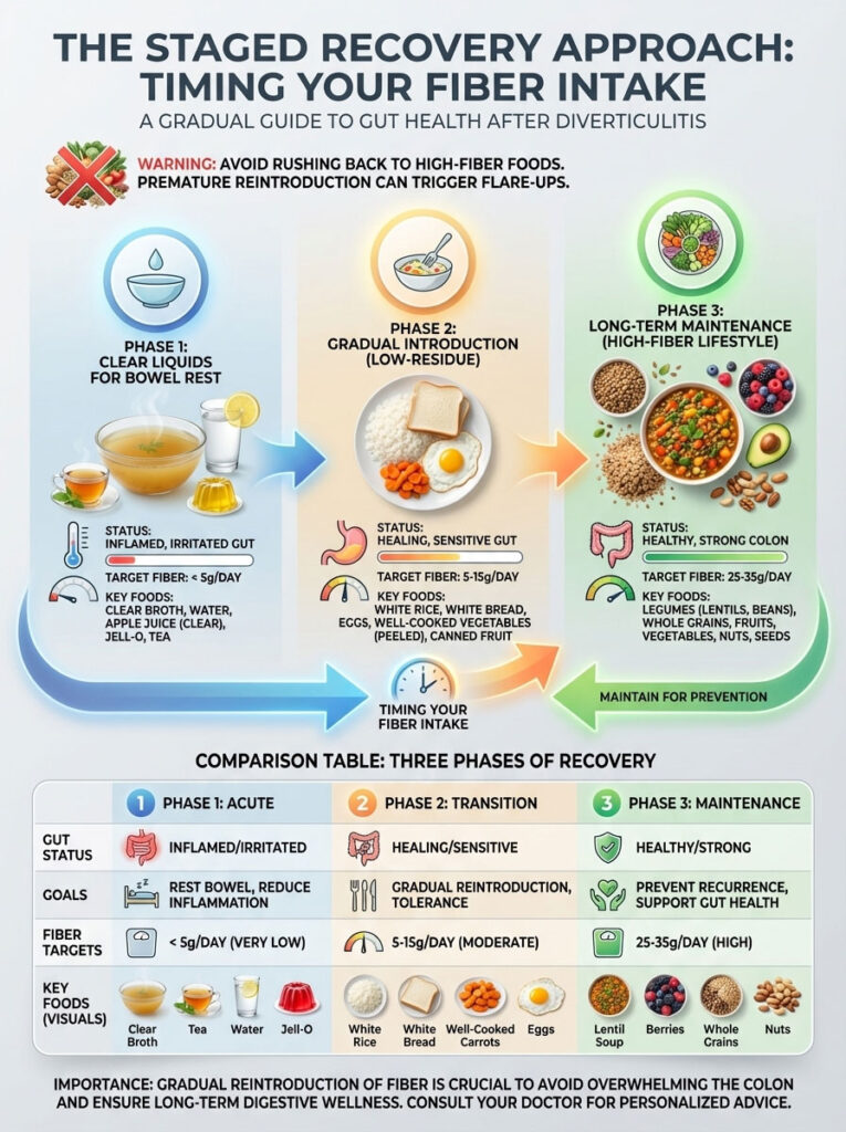 Infographic detailing the staged recovery approach for fiber intake after diverticulitis, showing phases, statuses, and key foods.