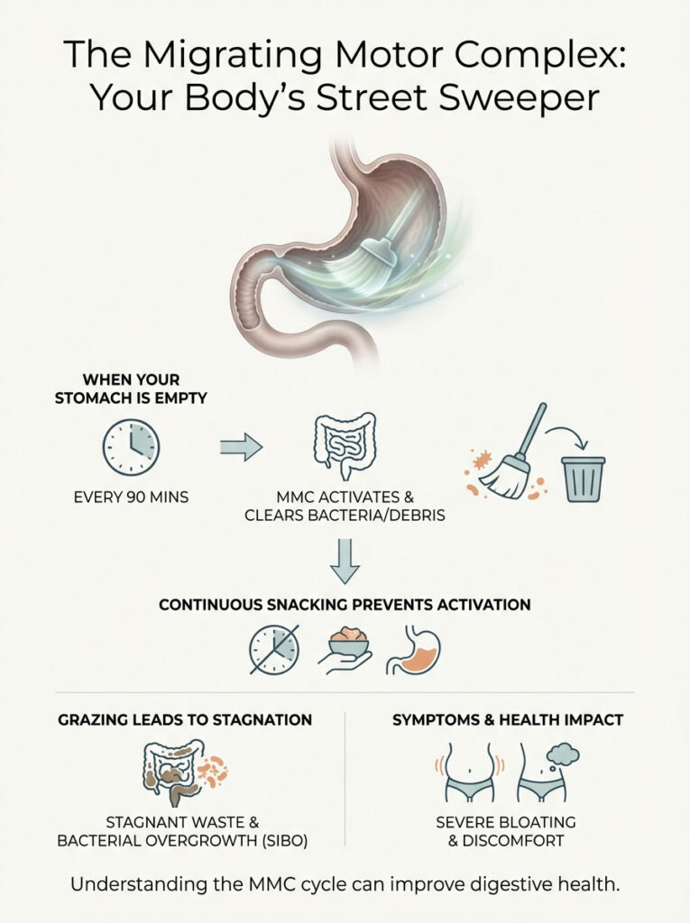Infographic explaining the Migrating Motor Complex and its role in digestion, featuring illustrations and key points.