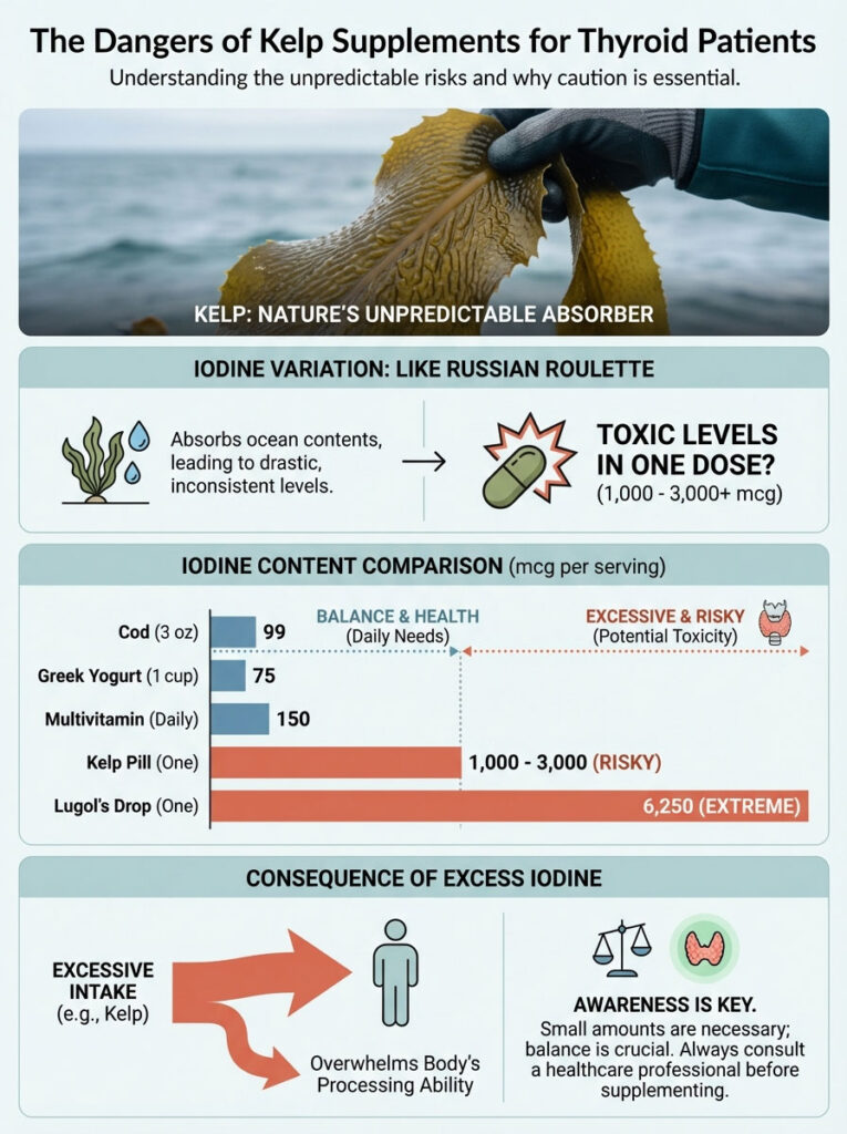 Infographic showing dangers of kelp supplements for thyroid patients, including iodine content comparison and health risks.