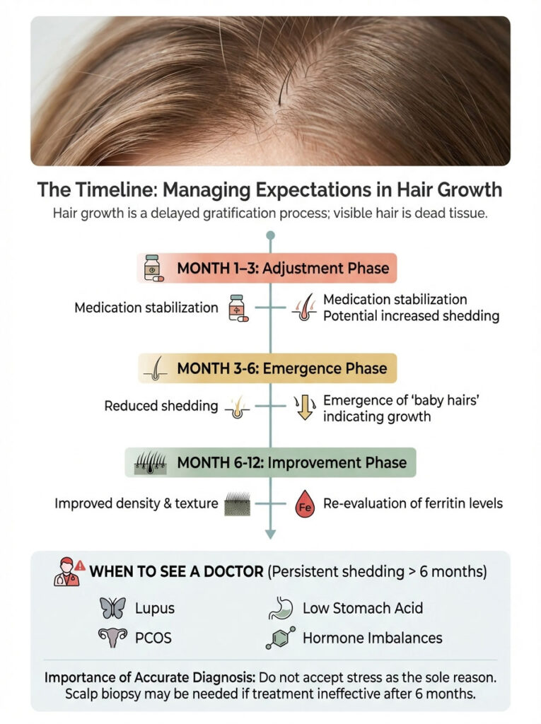 Infographic detailing hair growth timeline with phases, medication effects, and when to see a doctor for issues.
