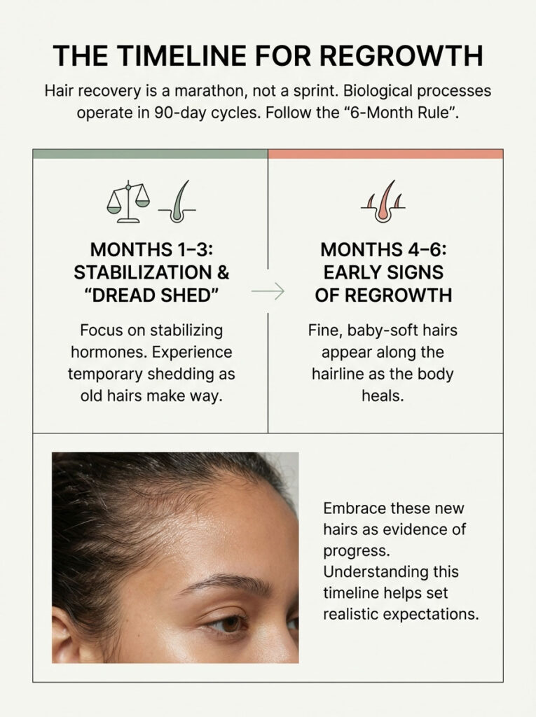 Infographic showing hair regrowth timeline with two phases: Months 1-3 and Months 4-6, including key details.