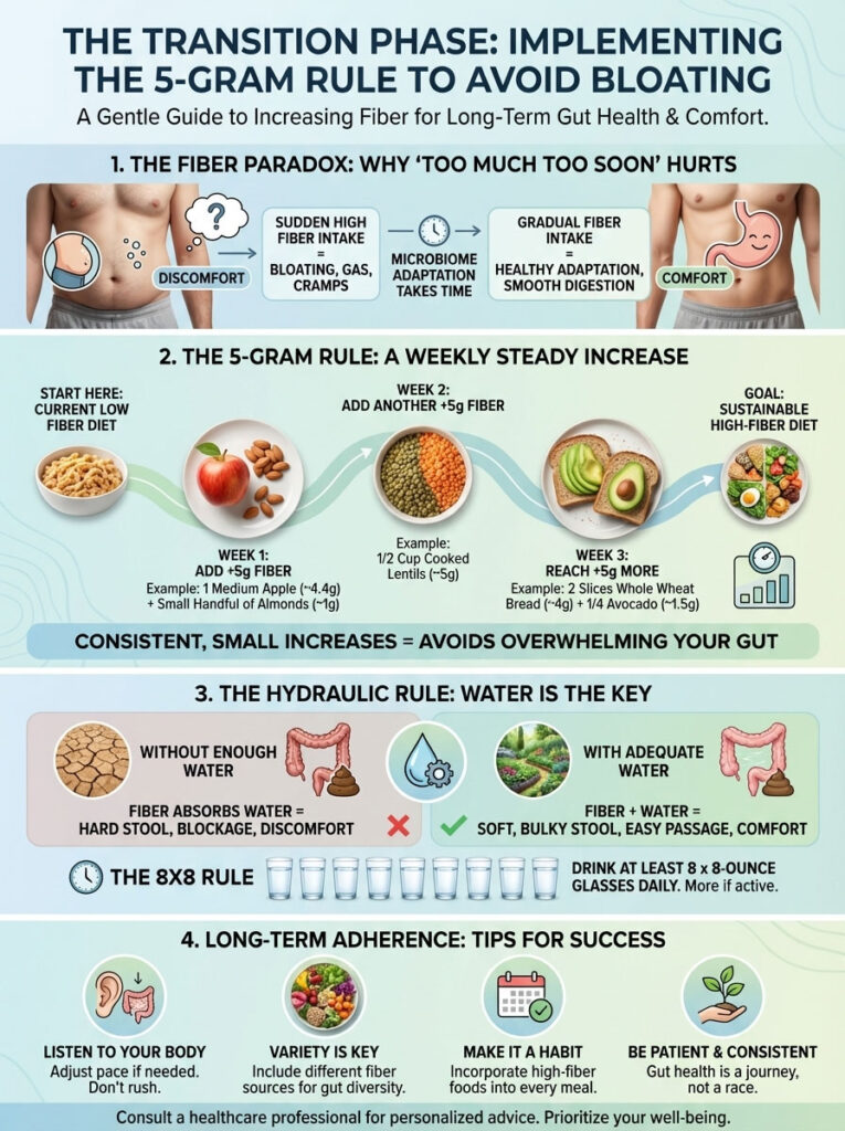 Infographic explaining the 5-gram rule for increasing fiber intake, featuring charts and illustrations of food and hydration.