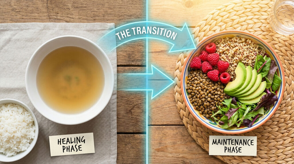 A bowl of soup and rice on the left, a colorful salad with quinoa and fruits on the right, labeled Healing Phase and Maintenance Phase.