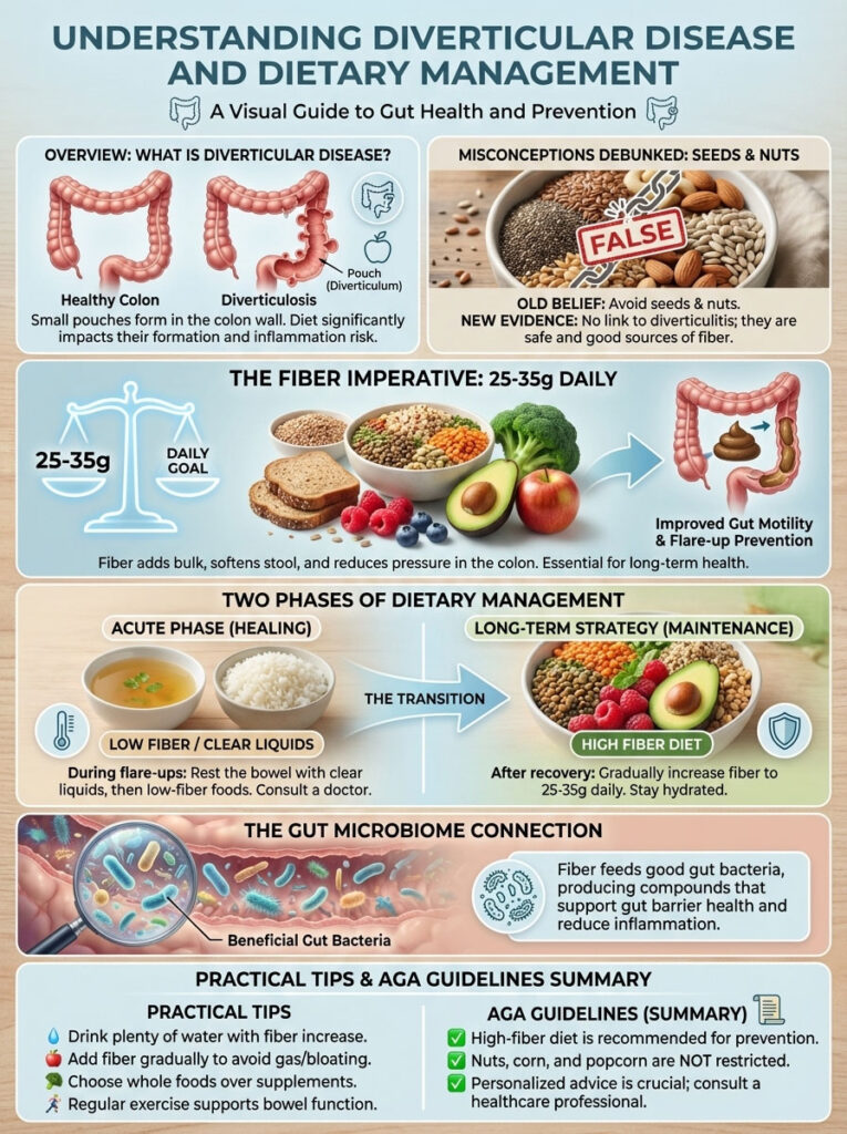 Infographic explaining diverticular disease, dietary management, and fiber intake with illustrations and data points.