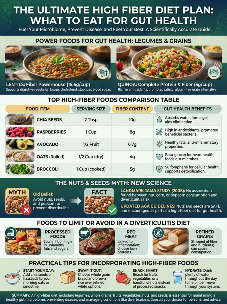 Infographic detailing high-fiber foods, their benefits, and dietary tips for gut health.