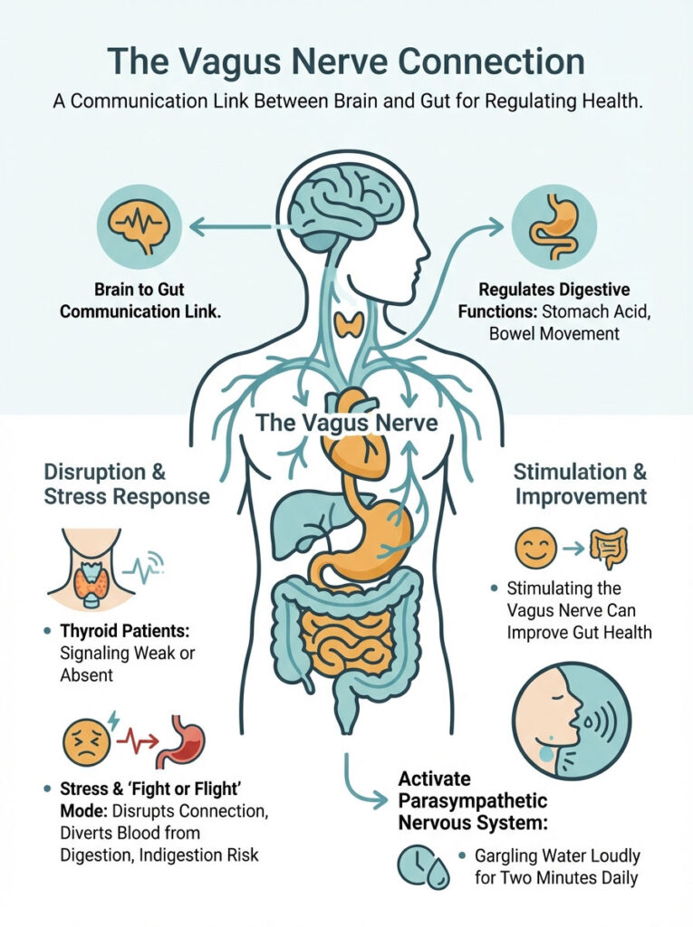 Infographic illustrating the vagus nerve connection between brain and gut, highlighting functions and health impacts.