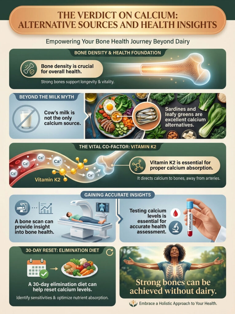 Infographic on calcium sources, featuring charts, images of food, and health insights about bone density and vitamin K2.