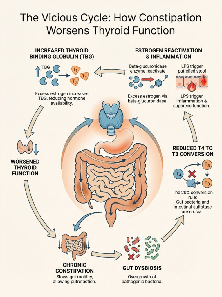 Infographic showing the cycle of constipation affecting thyroid function with labeled illustrations and arrows.