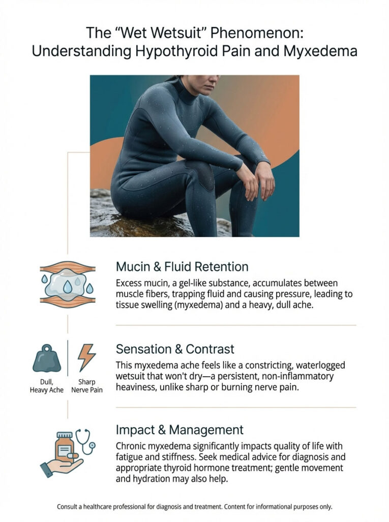 Infographic explaining hypothyroid pain and myxedema with sections on mucin retention, sensations, and management tips.