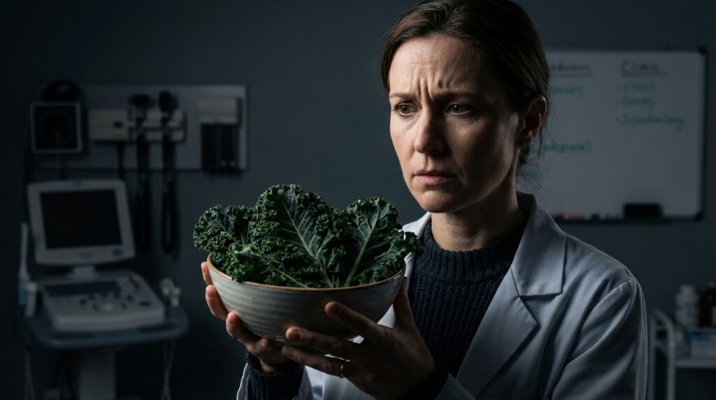 A concerned woman in a lab coat holds a bowl of kale in a medical setting, with medical equipment in the background.