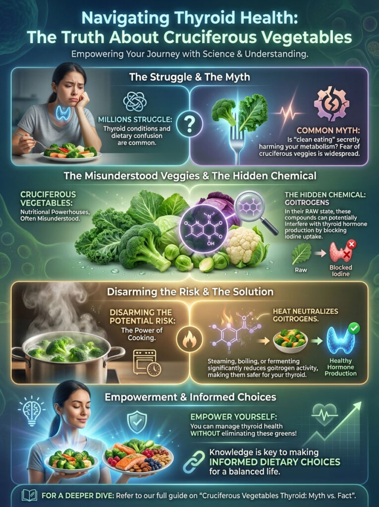 Infographic explaining thyroid health and cruciferous vegetables, featuring charts, icons, and key messages about goitrogens.