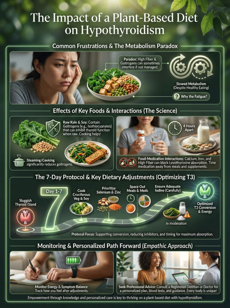 Infographic on plant-based diet effects on hypothyroidism, featuring charts, food images, and key dietary adjustments.